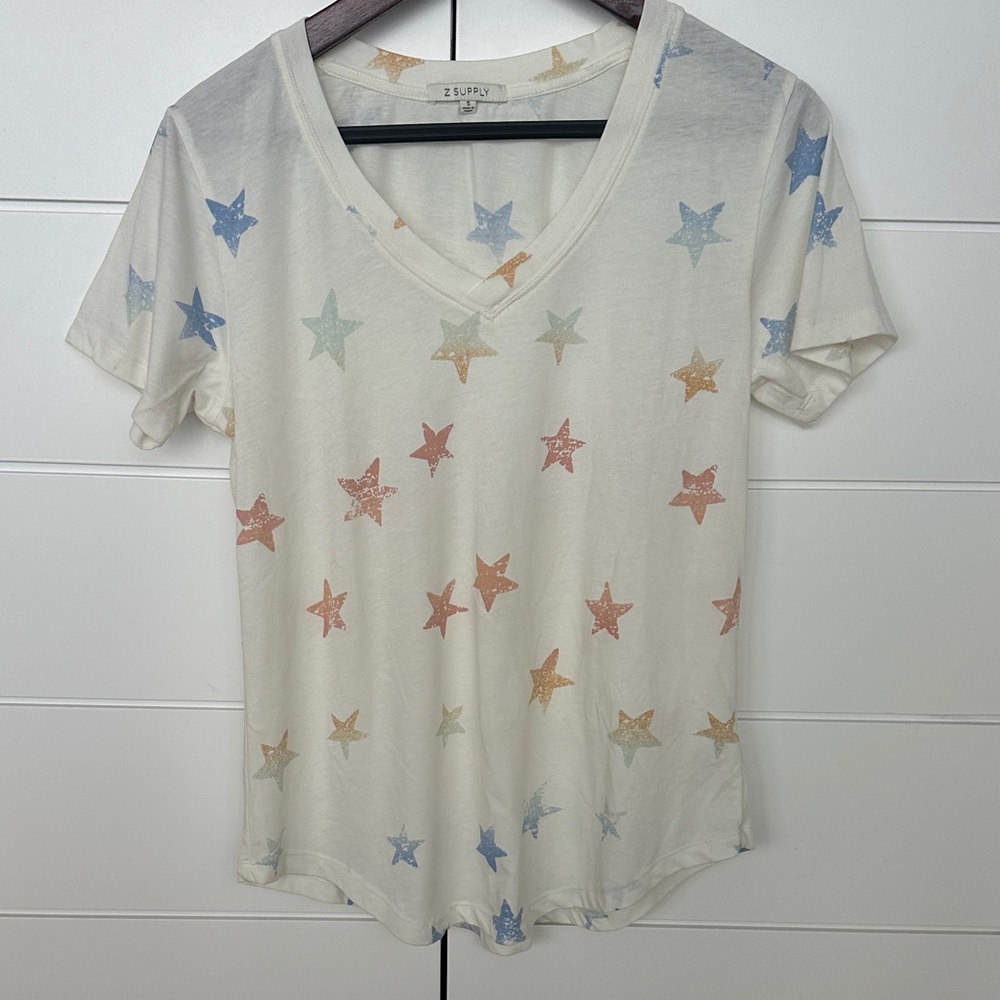 Z Supply Star Print V-Neck Tee - Multicolor on White